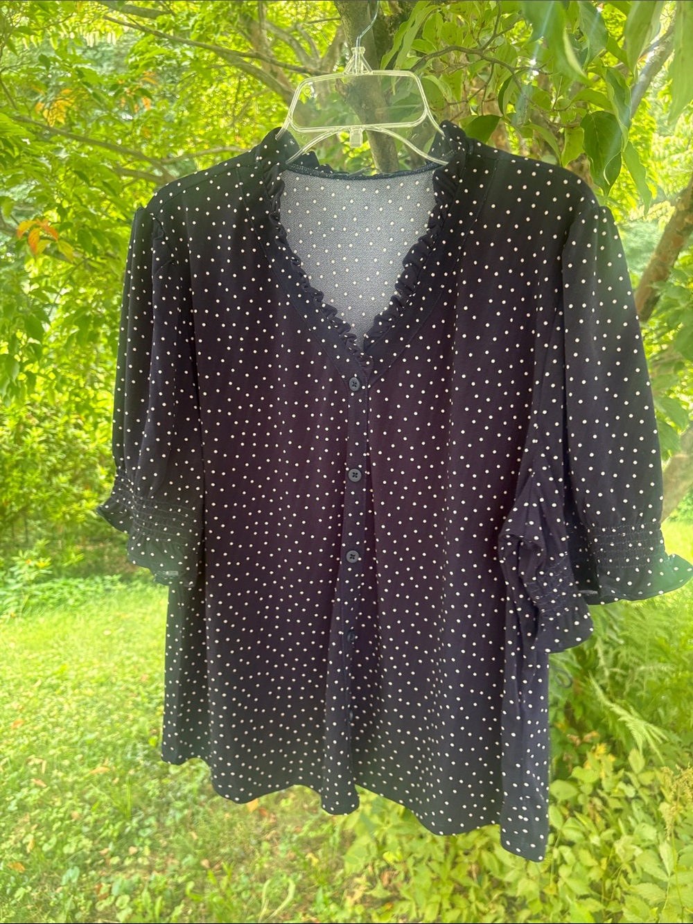 Adrianna Papell navy Blue with White Polka Dot Ruffle V-Neck Blouse